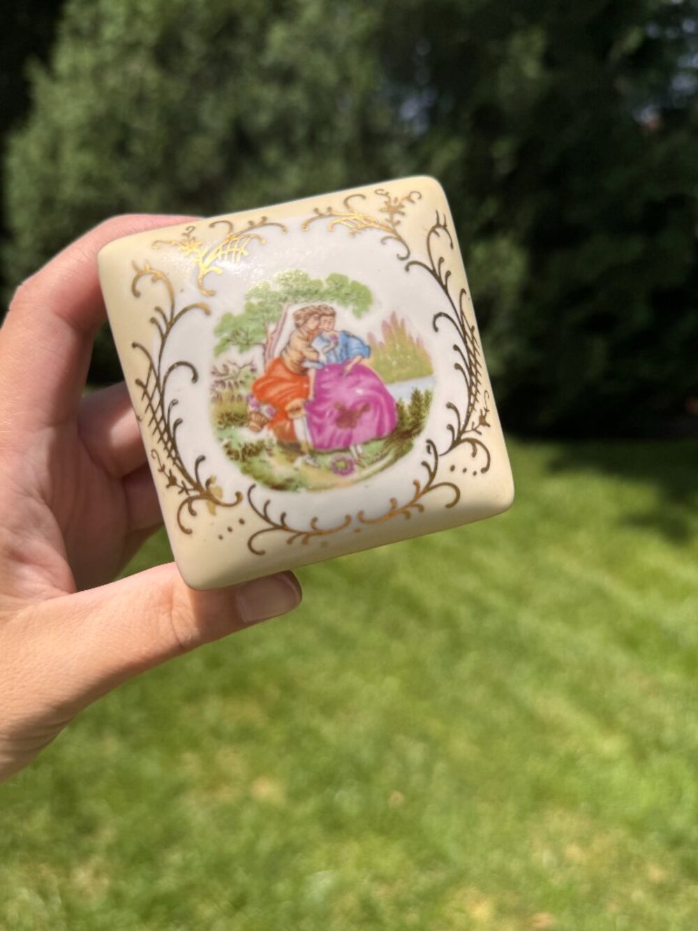 Vintage Ardco Porcelain Hinged Trinket Box | Victorian Courting Couple